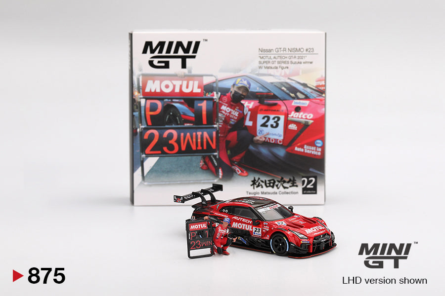 Mini GT #875 Nissan GT-R NISMO #23 "MOTUL AUTECH GT-R 2021" SUPER GT Series Suzuka Winner w/ Matsuda Figure – Tsugio Matsuda Collection No. 2