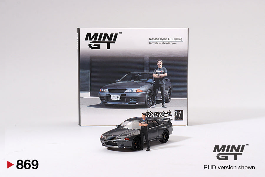 Mini GT #869 Nissan Skyline GT-R (R32) Gunmetal w/ Matsuda Figure – Tsugio Matsuda Collection