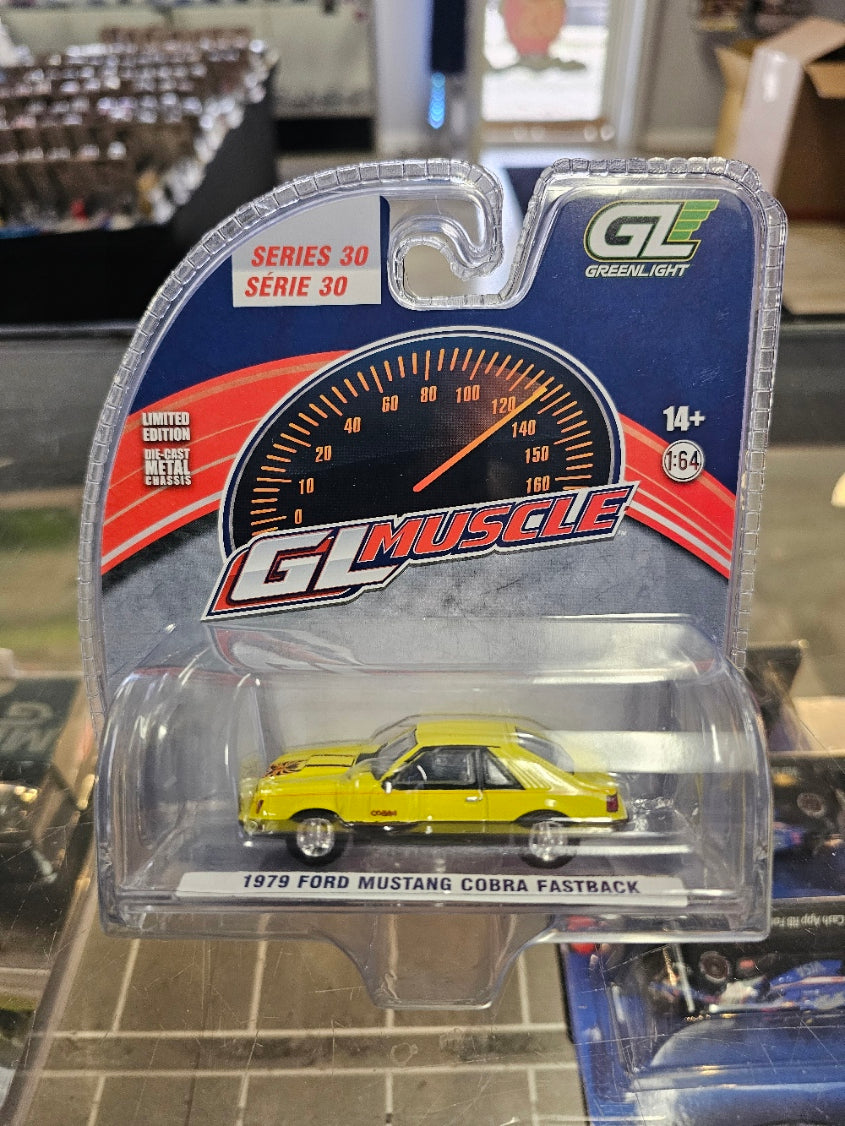 GreenLight 1/64 1979 Ford Mustang Cobra Fastback, Bright Yellow with Cobra Graphics & Stripes, Muscle Series 30 13370-C