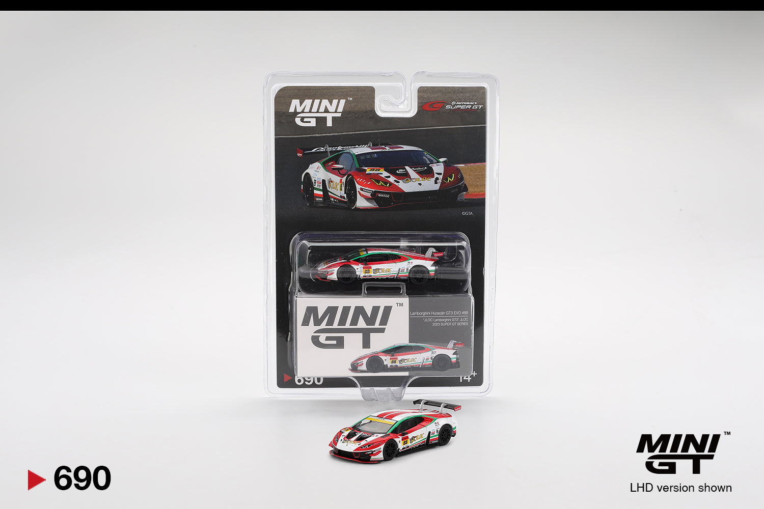 Mini GT #690 Lamborghini Huracán GT3 EVO2 #88 JLOC Lamborghini GT3 2023 Super GT Series