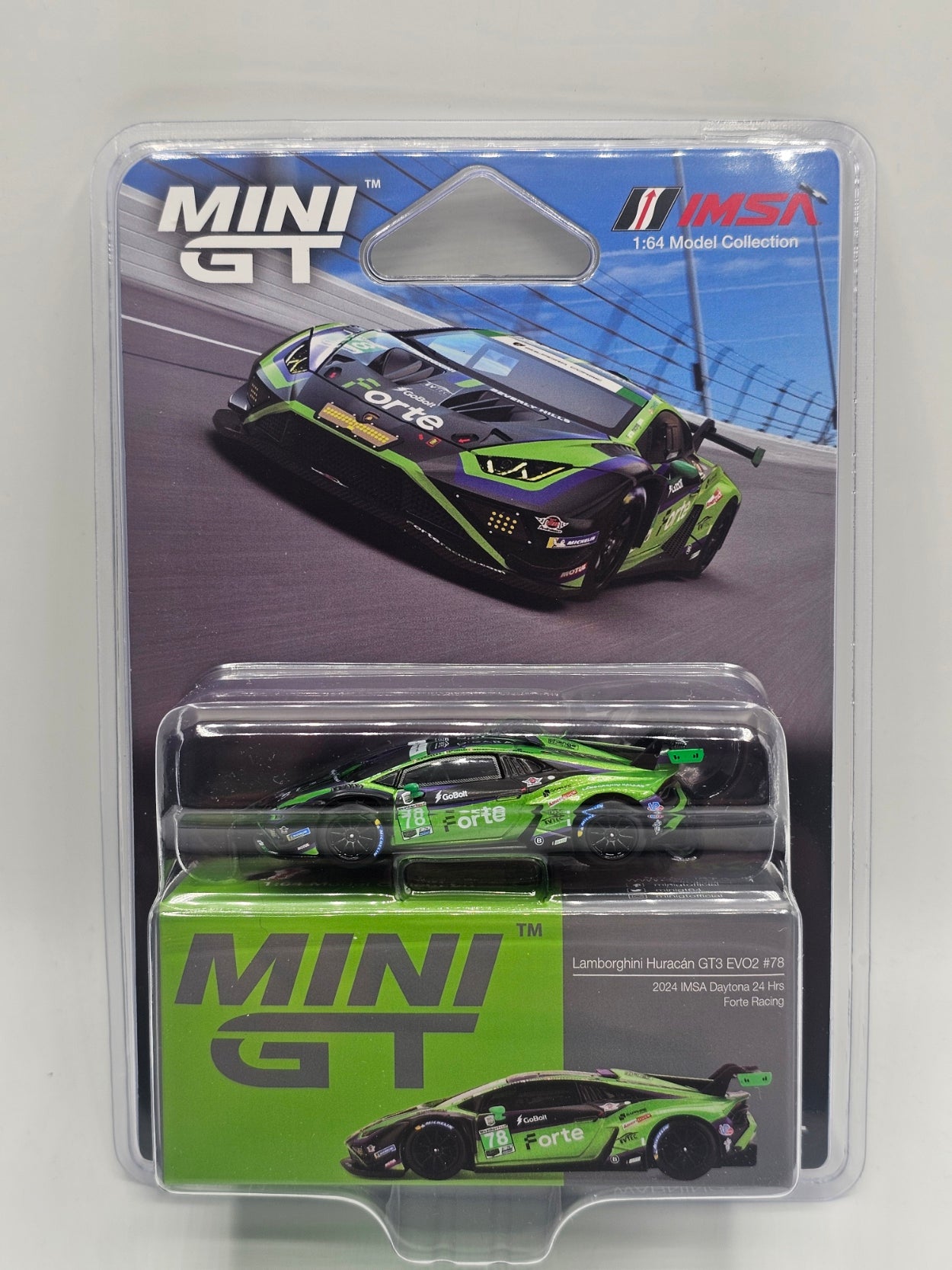 Mini GT Lamborghini Huracán GT3 EVO2 #78 Forte Racing 2024 IMSA Daytona 24 Hrs