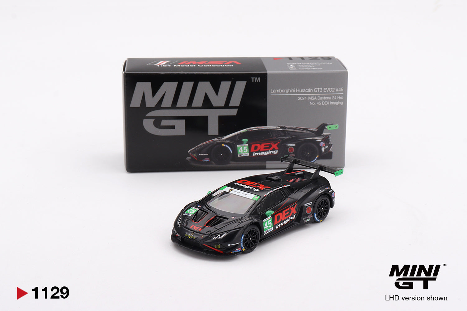 Mini GT 1129 Lamborghini Huracán GT3 EVO2 #45 DEX Imaging 2024 IMSA Daytona 24 Hours