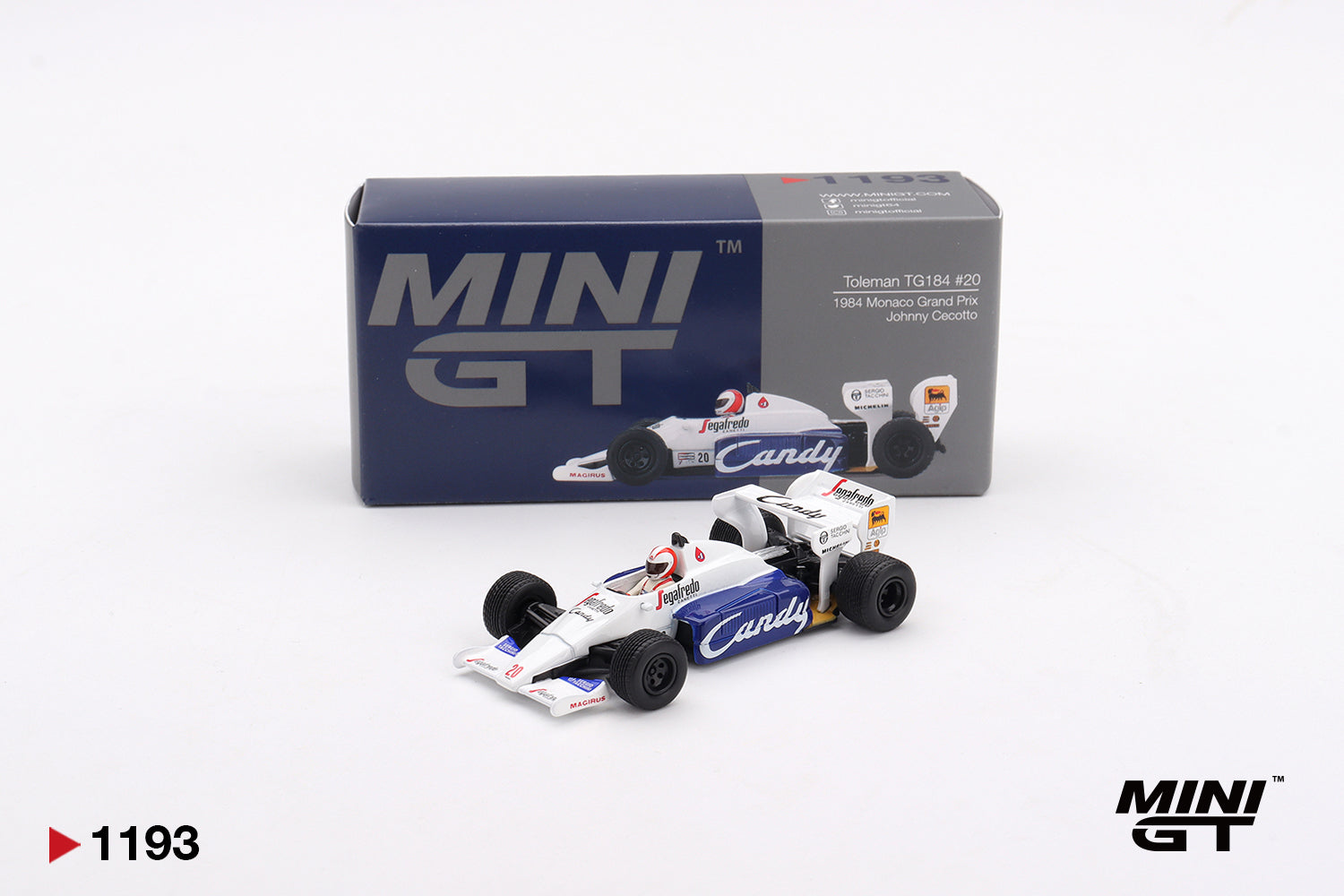 Mini GT #1193 Toleman TG184 No. 20 Johnny Cecotto 1984 Monaco Grand Prix