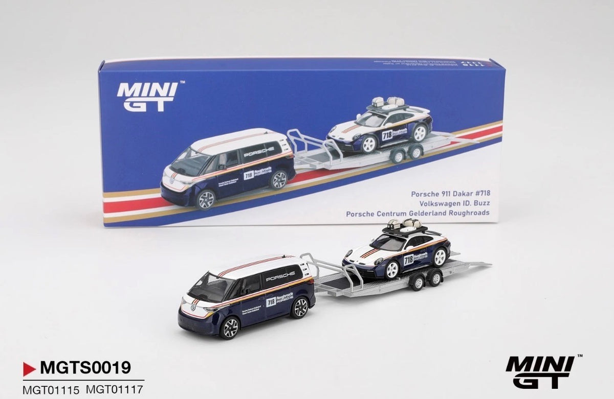 Mini GT Porsche 911 Dakar #718 & Volkswagen ID. Buzz w/Trailer 1:64 MGTS0019