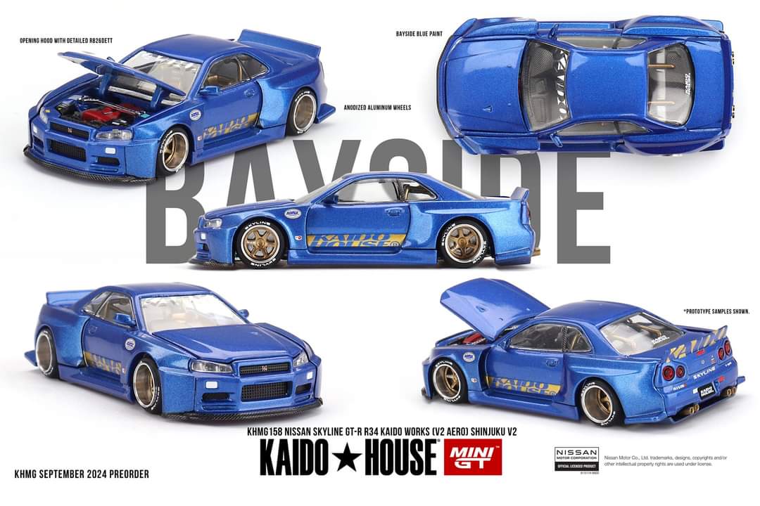 Nissan Skyline GT-R (R34) kaido Works Shinjuku V2 by Mini GT in Blue 158